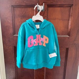 NWT GAP Kids 2T Vibrant Teal Blue Full Zip Hoodie w Gorgeous Logo Overlay